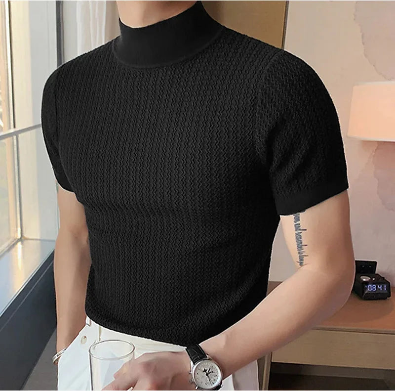 Men's Summer High Neck Knitted T-Shirt – Casual Water Ripple Design, Lightweight & Breathable