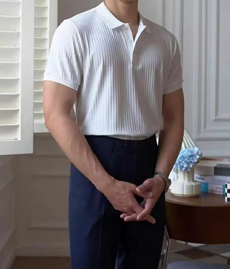 Vertical Stripe Knit Polo Shirt – Breathable Summer Short Sleeve for Men