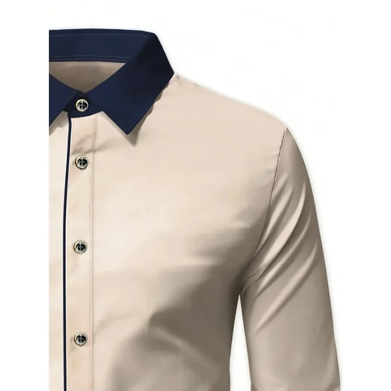 Men’s Patchwork Business Shirt – Smart Casual Long Sleeve