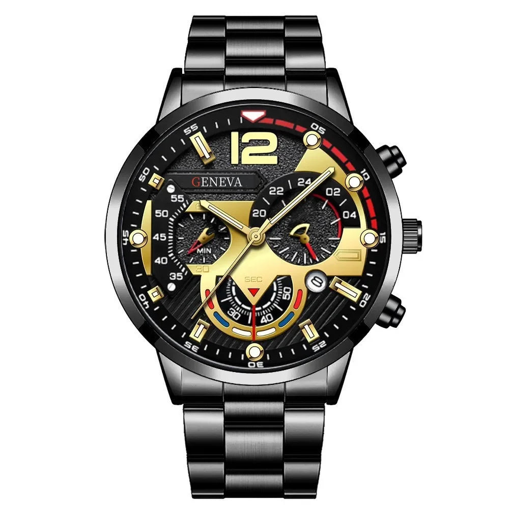 Luxury Men’s Gift Set – Gold Quartz Watch + Cross Necklace + Bracelet + Ring