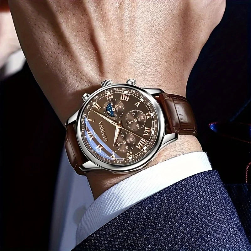 Geneva Men’s Luxury Watch – Leather Strap & Round Dial