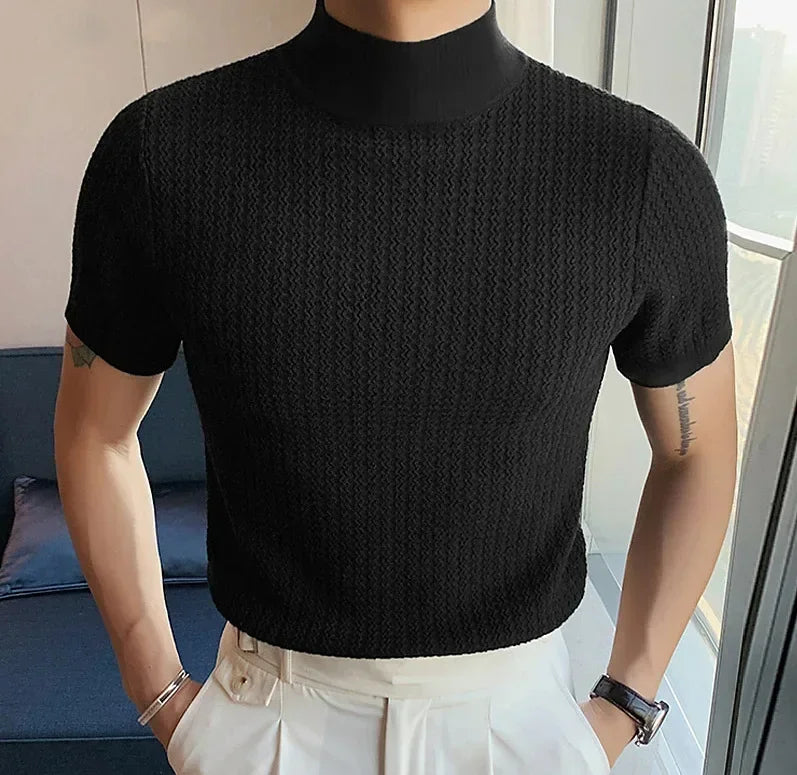 Men's Summer High Neck Knitted T-Shirt – Casual Water Ripple Design, Lightweight & Breathable