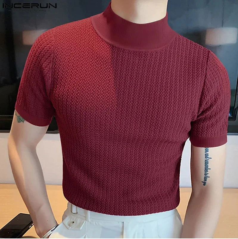Men's Summer High Neck Knitted T-Shirt – Casual Water Ripple Design, Lightweight & Breathable