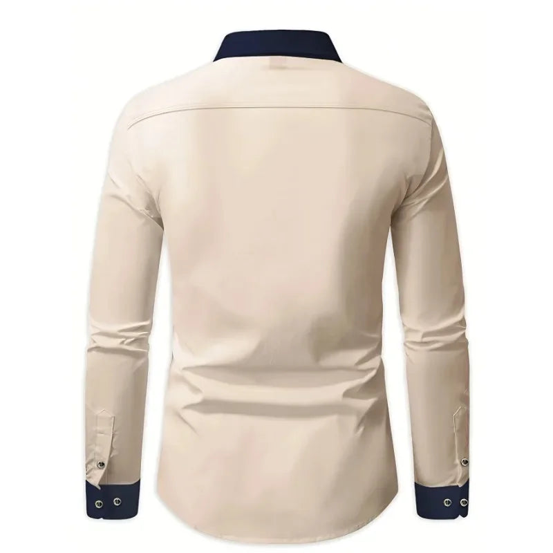 Men’s Patchwork Business Shirt – Smart Casual Long Sleeve