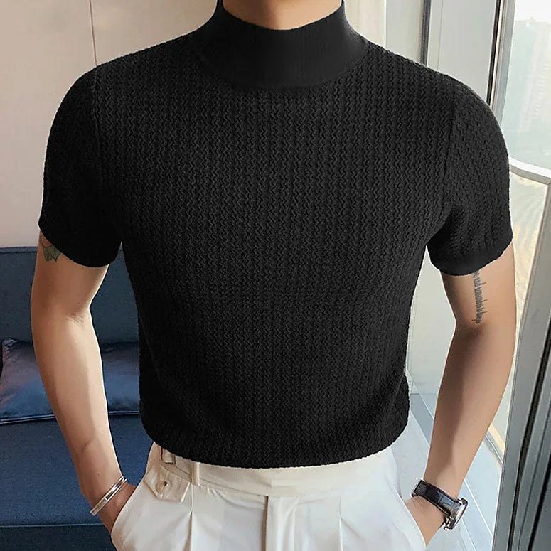 Men's Summer High Neck Knitted T-Shirt – Casual Water Ripple Design, Lightweight & Breathable