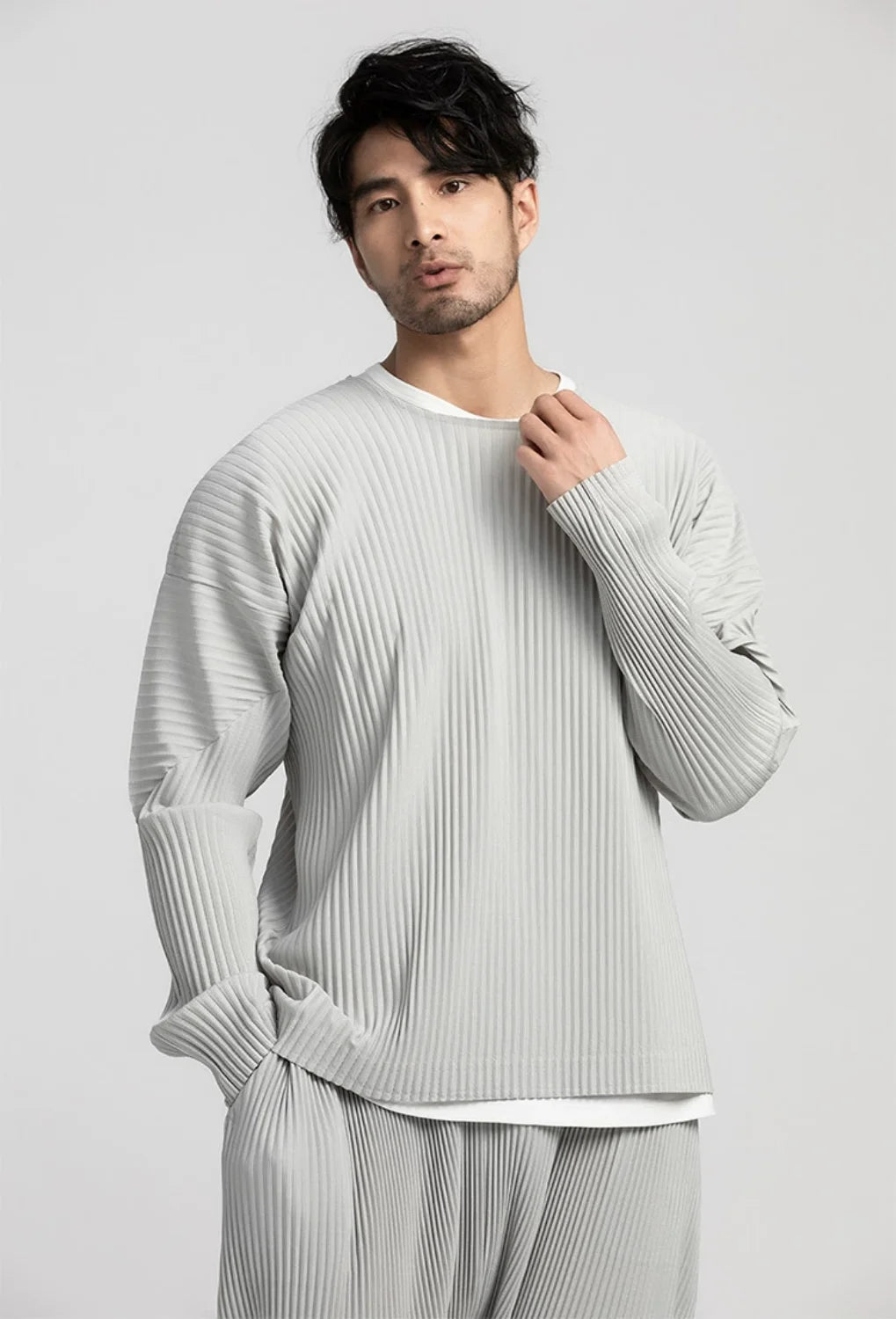 Pleated Long Sleeve T-Shirt – Japanese Streetwear Style Casual Top