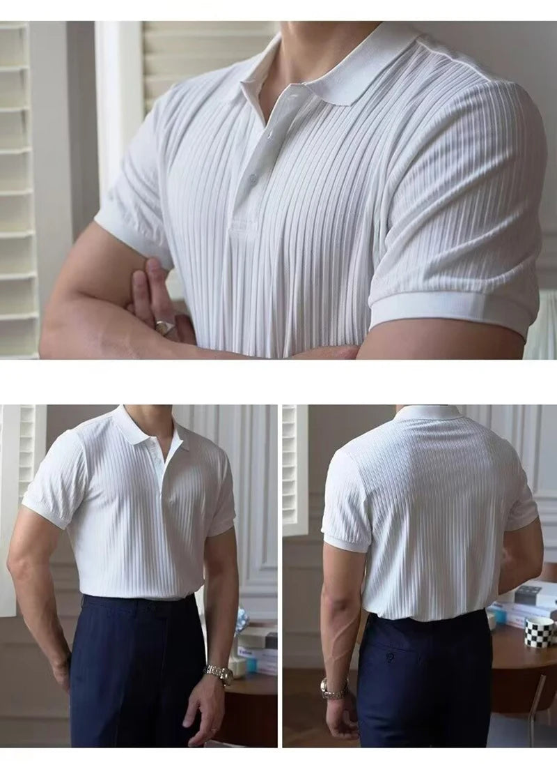 Vertical Stripe Knit Polo Shirt – Breathable Summer Short Sleeve for Men