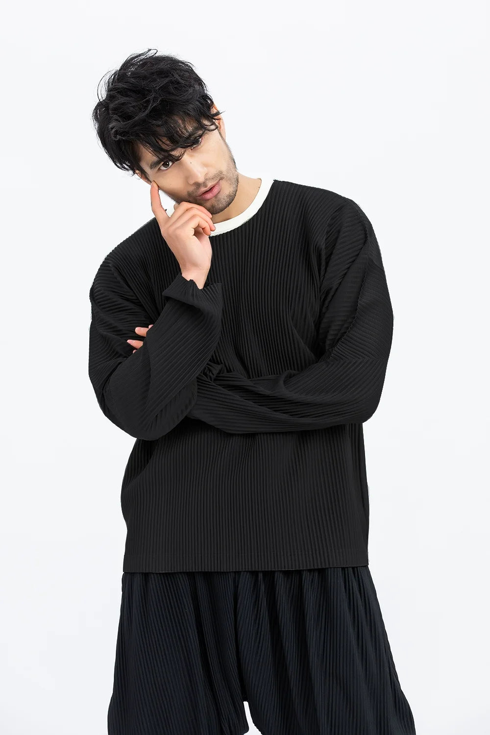 Pleated Long Sleeve T-Shirt – Japanese Streetwear Style Casual Top