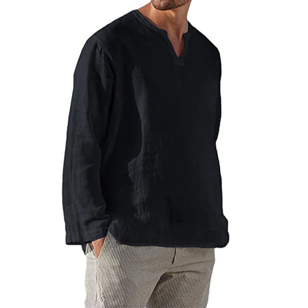 Men’s Cotton Linen Long Sleeve Shirt – Lightweight, Breathable V-Neck Casual Top
