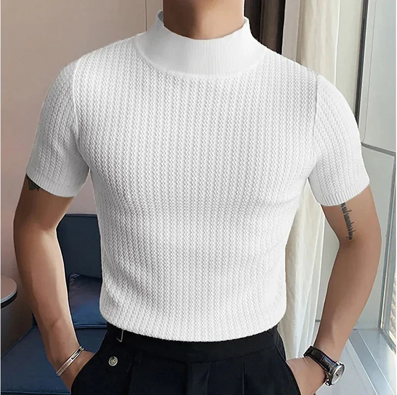 Men's Summer High Neck Knitted T-Shirt – Casual Water Ripple Design, Lightweight & Breathable