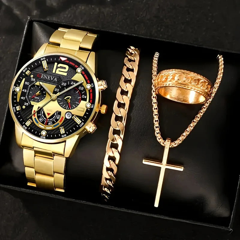 Luxury Men’s Gift Set – Gold Quartz Watch + Cross Necklace + Bracelet + Ring