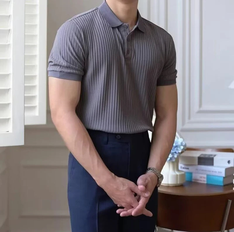 Vertical Stripe Knit Polo Shirt – Breathable Summer Short Sleeve for Men