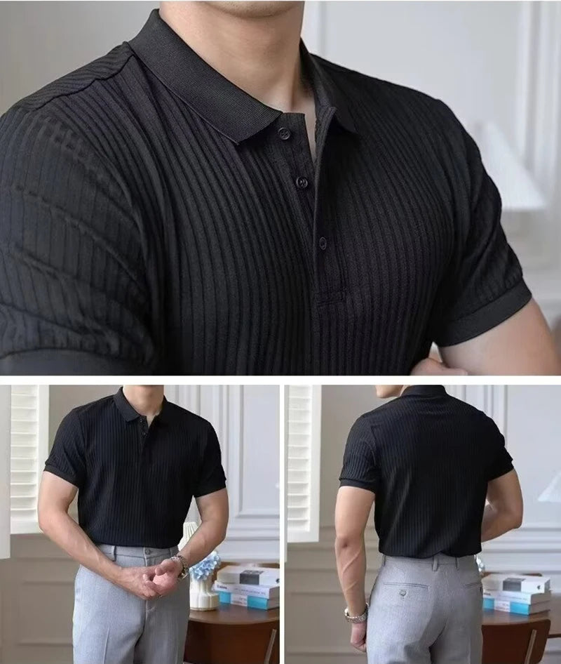 Vertical Stripe Knit Polo Shirt – Breathable Summer Short Sleeve for Men