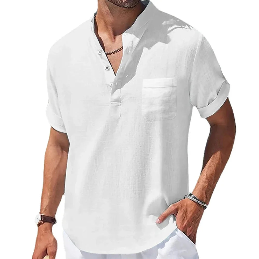 Men’s Cotton & Linen Short-Sleeve Shirt – Henley Collar Casual Summer Tee