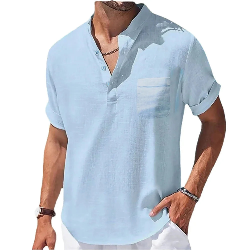 Men’s Cotton & Linen Short-Sleeve Shirt – Henley Collar Casual Summer Tee