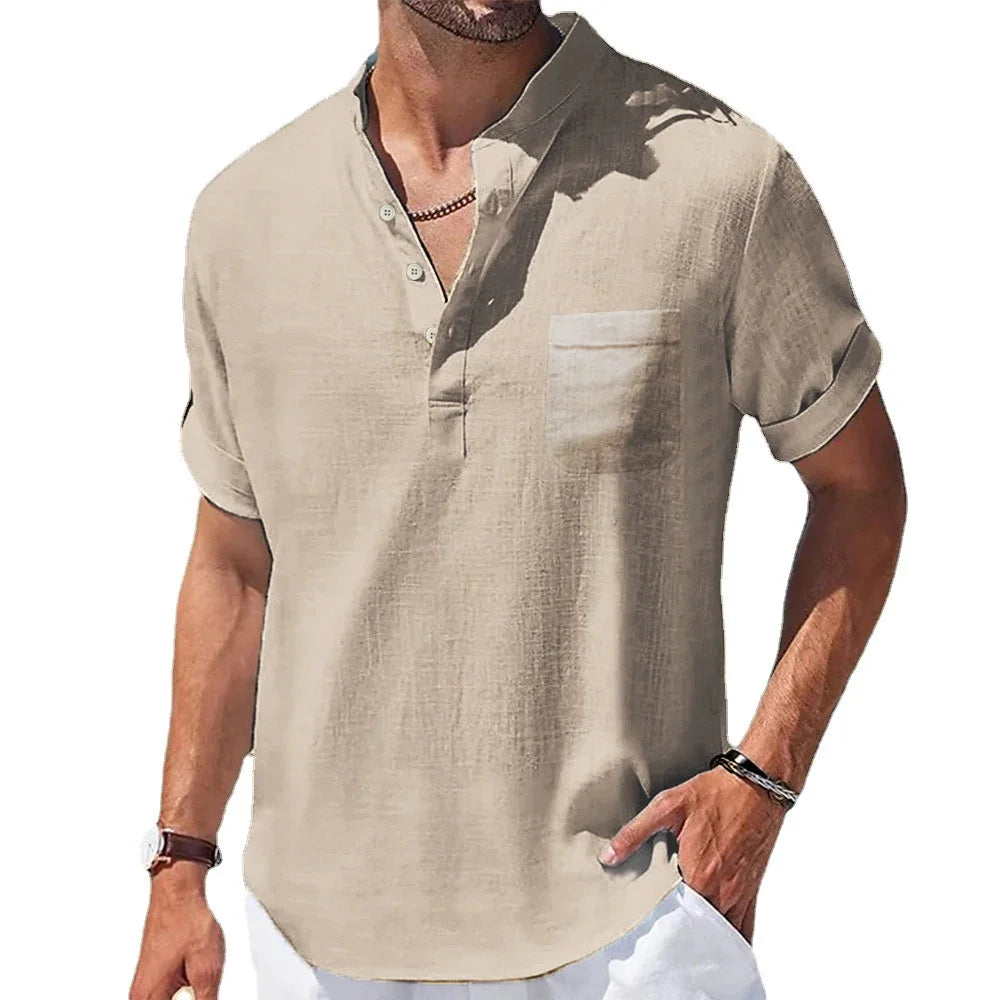 Men’s Cotton & Linen Short-Sleeve Shirt – Henley Collar Casual Summer Tee