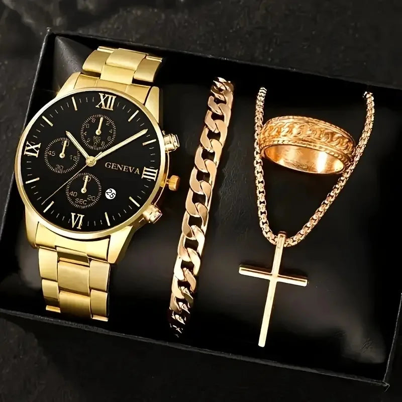 Luxury Men’s Gift Set – Gold Quartz Watch + Cross Necklace + Bracelet + Ring