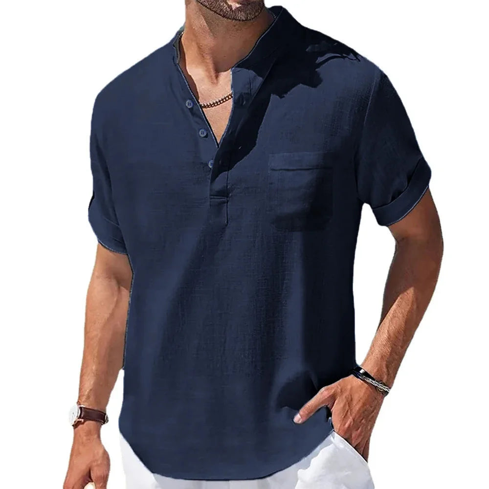 Men’s Cotton & Linen Short-Sleeve Shirt – Henley Collar Casual Summer Tee