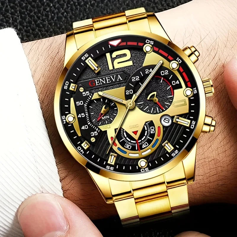 Luxury Men’s Gift Set – Gold Quartz Watch + Cross Necklace + Bracelet + Ring