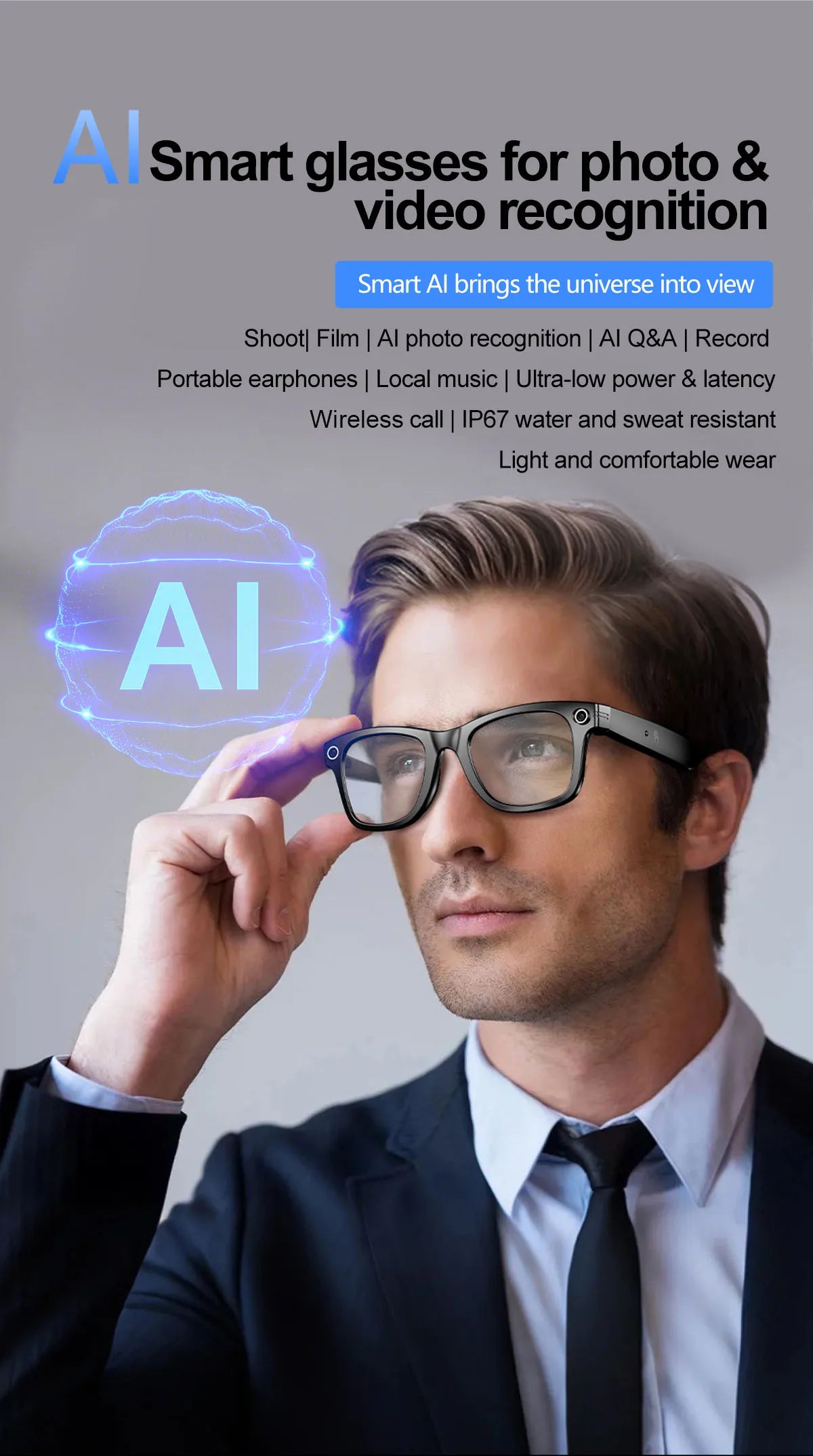 AI Smart Photochromic Glasses 4K  – Camera, Bluetooth Call, Music & Real-Time Translation