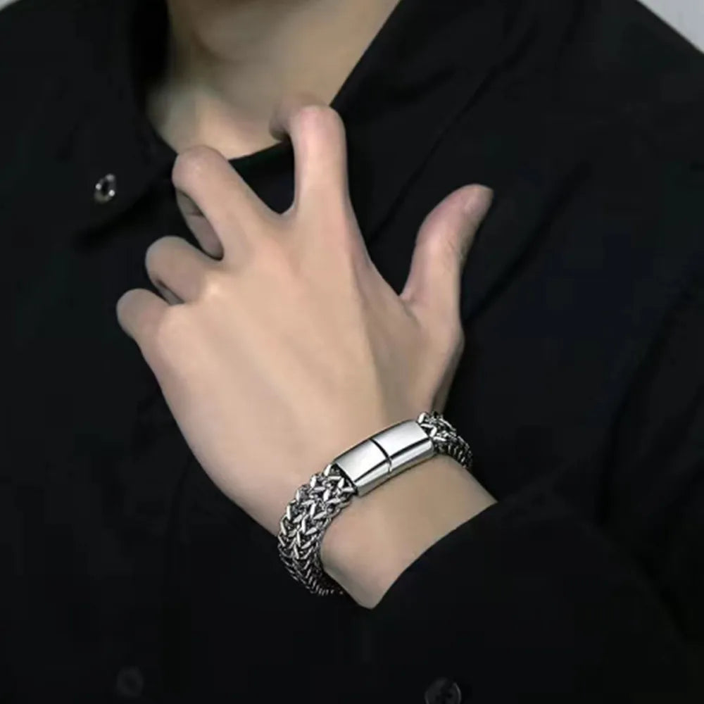 Stainless Steel Magnetic Buckle Bracelet – Double Row Braided Design