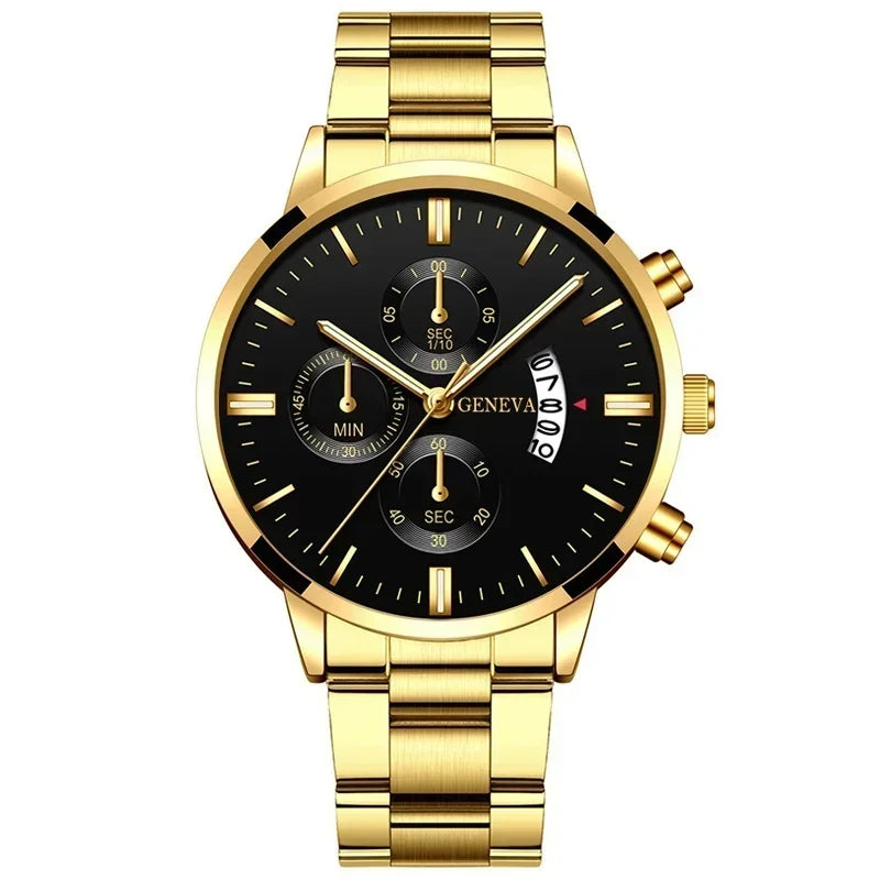 Luxury Men’s Gift Set – Gold Quartz Watch + Cross Necklace + Bracelet + Ring