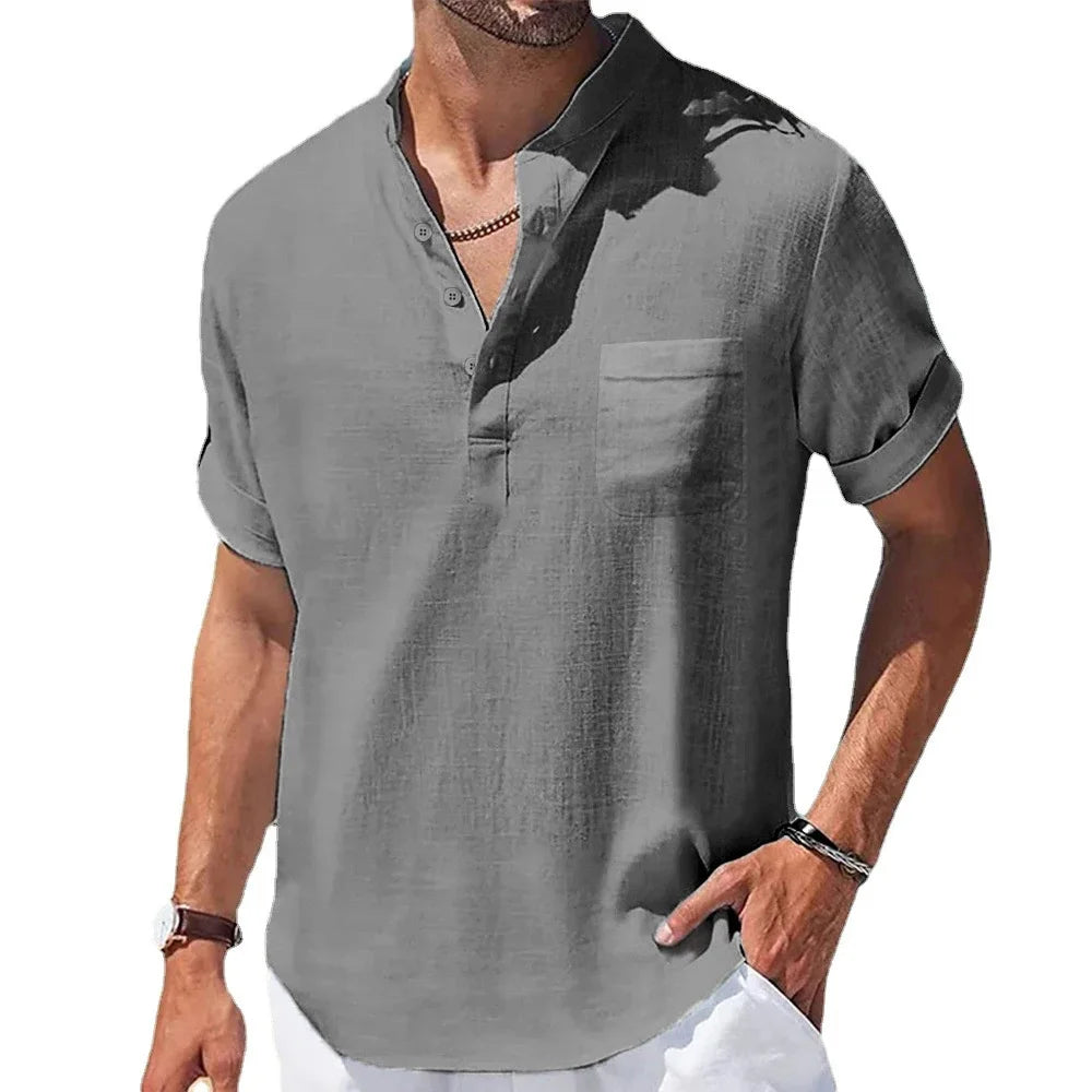 Men’s Cotton & Linen Short-Sleeve Shirt – Henley Collar Casual Summer Tee