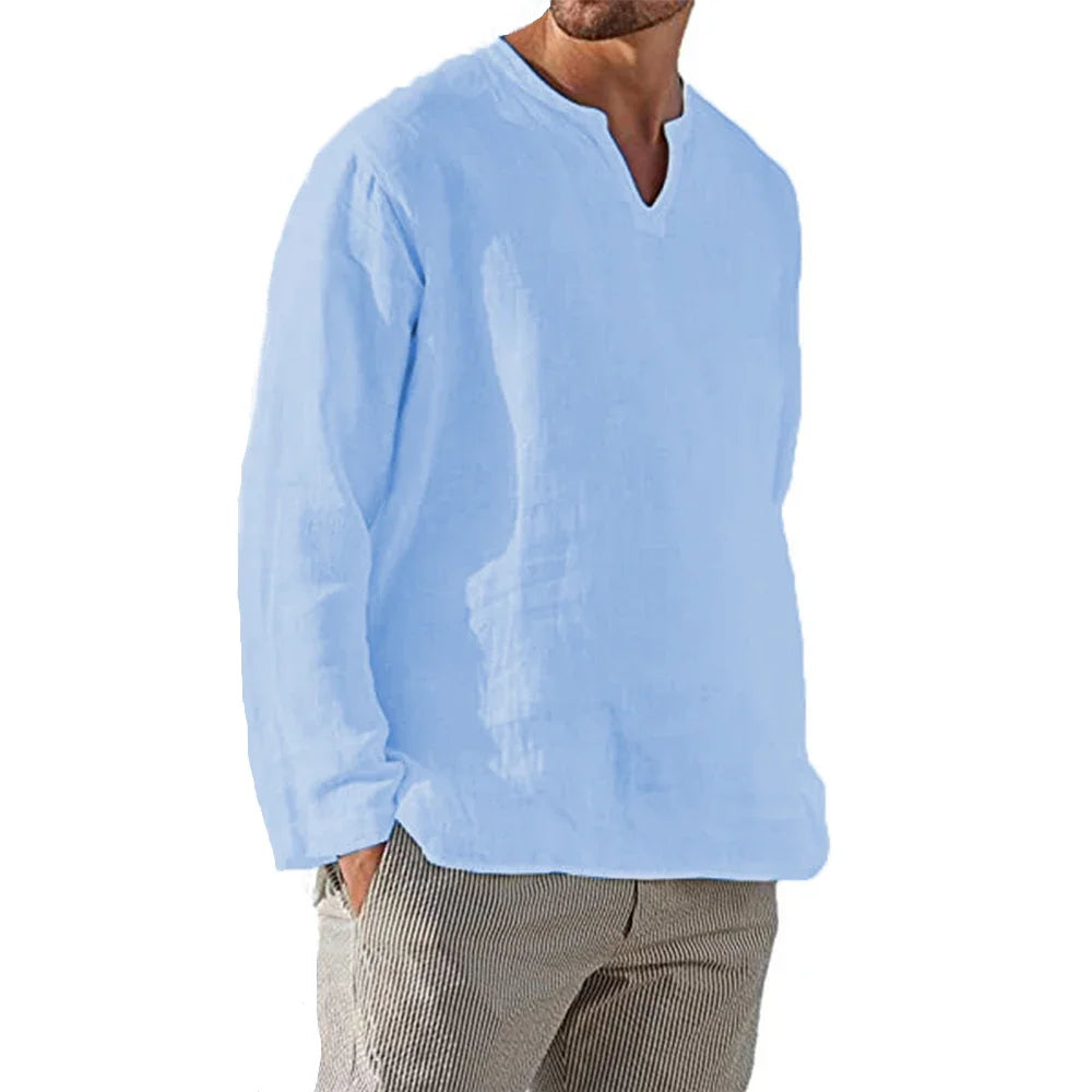 Men’s Cotton Linen Long Sleeve Shirt – Lightweight, Breathable V-Neck Casual Top
