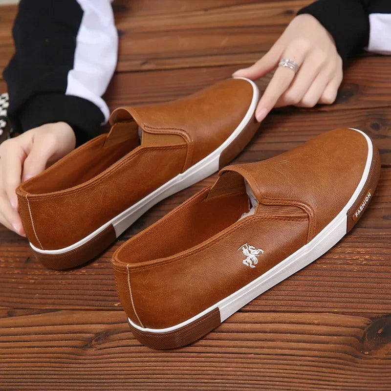 Men’s White Casual Sneakers – Waterproof PU Leather & Flat Rubber Sole