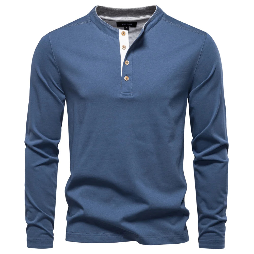 Men’s Long Sleeve Cotton T-Shirt AIOPESON  – Casual Henley Collar Basic Tee
