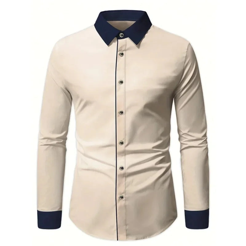 Men’s Patchwork Business Shirt – Smart Casual Long Sleeve