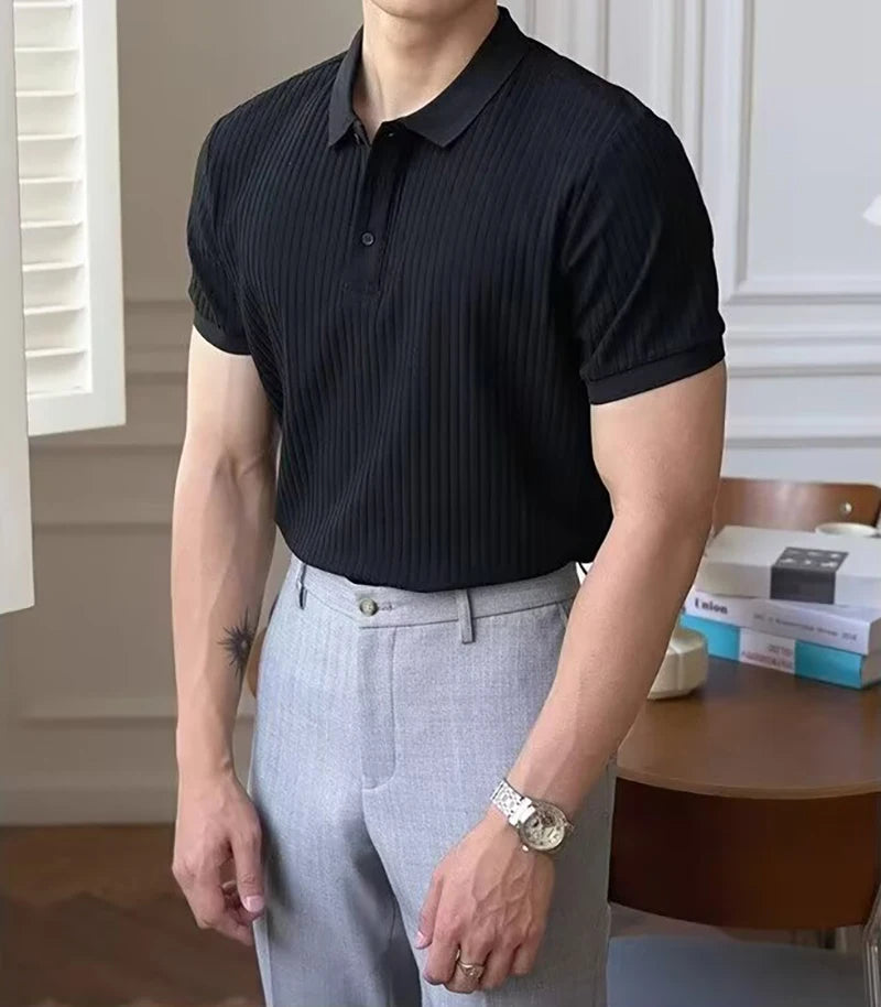 Vertical Stripe Knit Polo Shirt – Breathable Summer Short Sleeve for Men