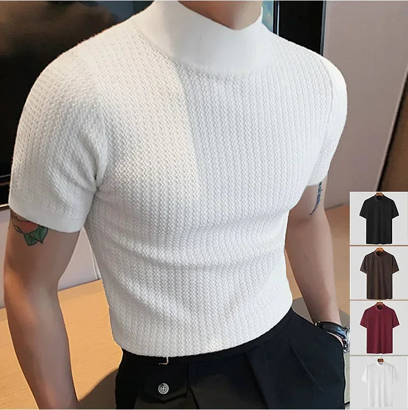 Men's Summer High Neck Knitted T-Shirt – Casual Water Ripple Design, Lightweight & Breathable