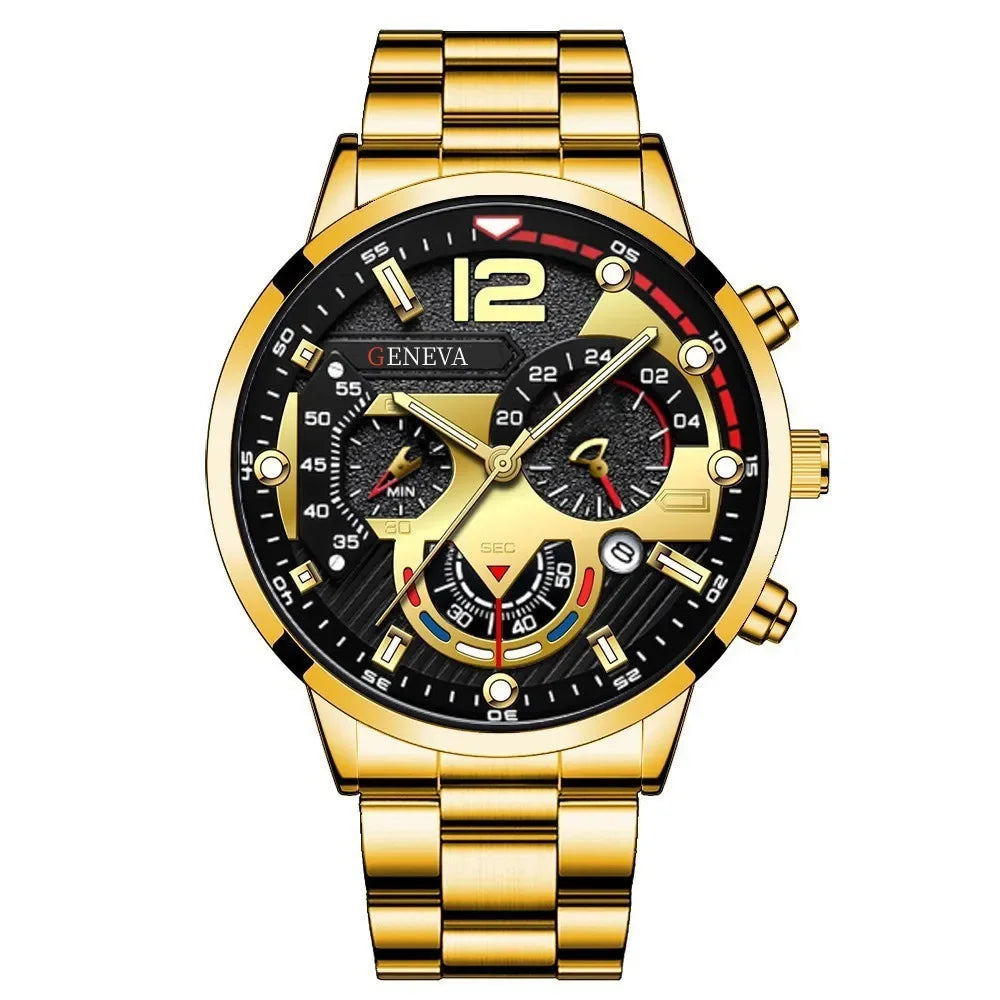 Luxury Men’s Gift Set – Gold Quartz Watch + Cross Necklace + Bracelet + Ring