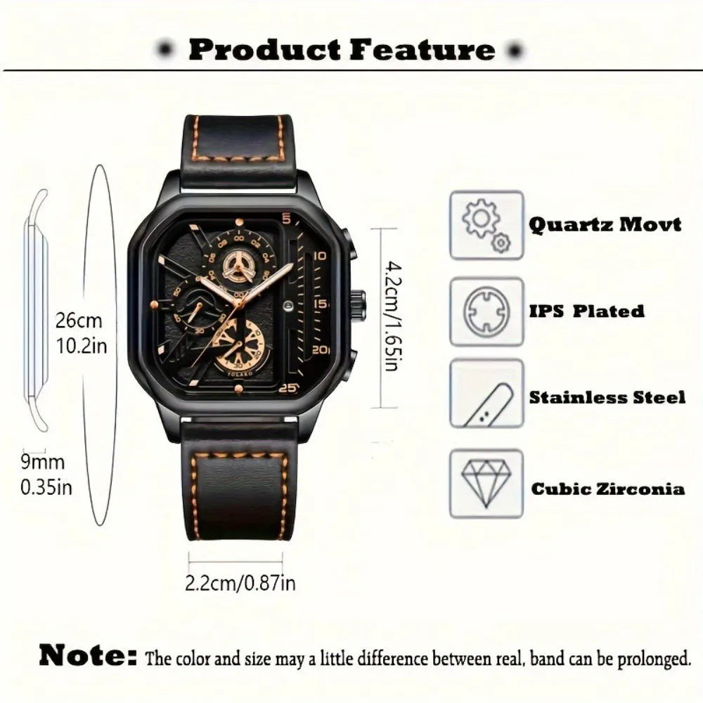 Luxury Big Dial Men’s Quartz Watch – Casual PU Leather Strap, Fashion & Sports Style