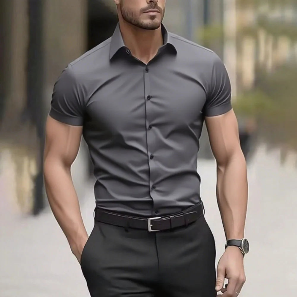 Men’s Solid-Color Casual Shirt – Short Sleeve Business & Smart Casual