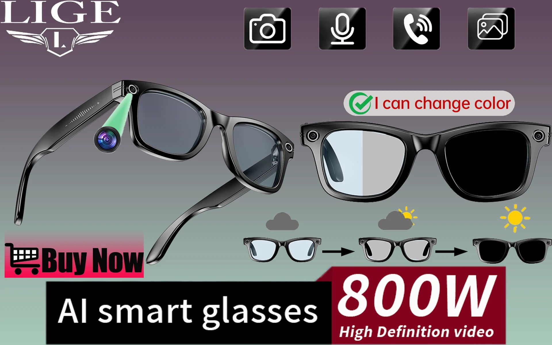 AI Smart Photochromic Glasses 4K  – Camera, Bluetooth Call, Music & Real-Time Translation