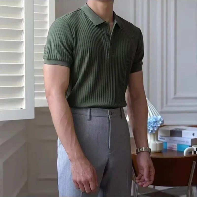 Vertical Stripe Knit Polo Shirt – Breathable Summer Short Sleeve for Men