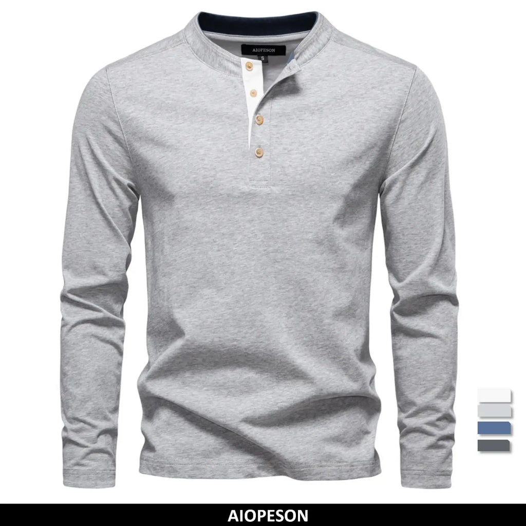 Men’s Long Sleeve Cotton T-Shirt AIOPESON  – Casual Henley Collar Basic Tee
