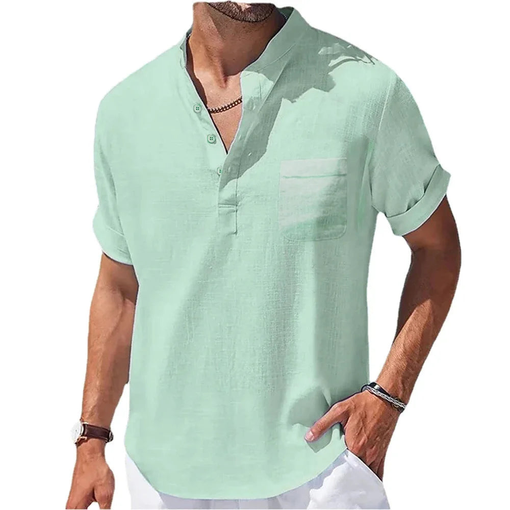 Men’s Cotton & Linen Short-Sleeve Shirt – Henley Collar Casual Summer Tee