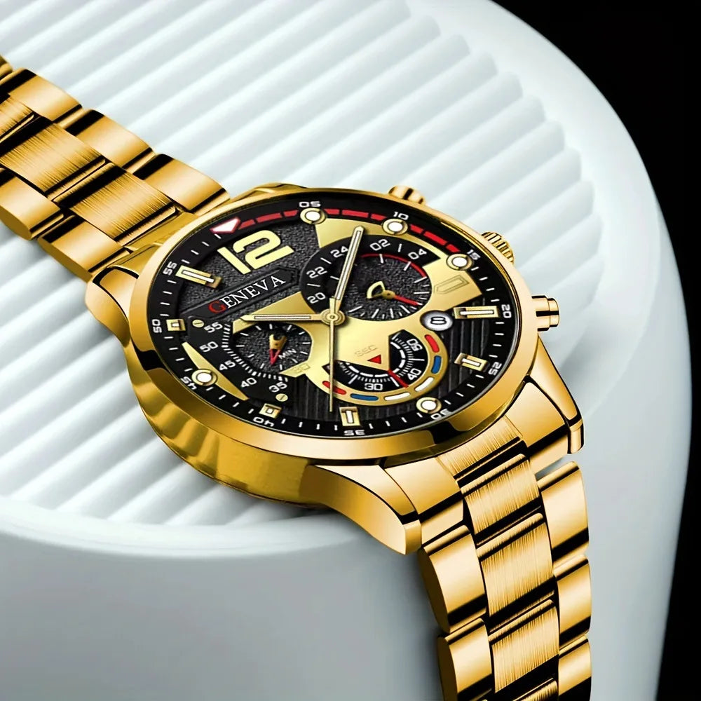 Luxury Men’s Gift Set – Gold Quartz Watch + Cross Necklace + Bracelet + Ring