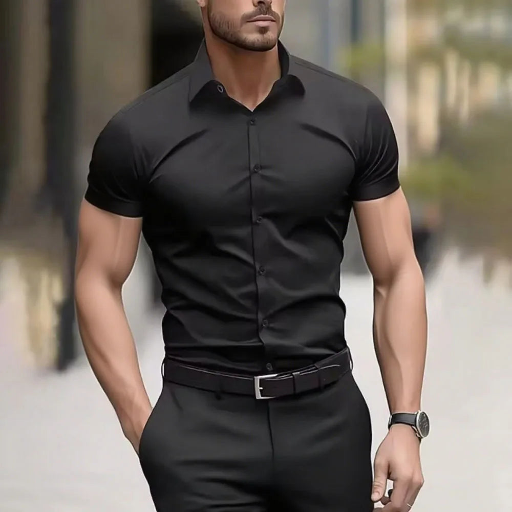 Men’s Solid-Color Casual Shirt – Short Sleeve Business & Smart Casual
