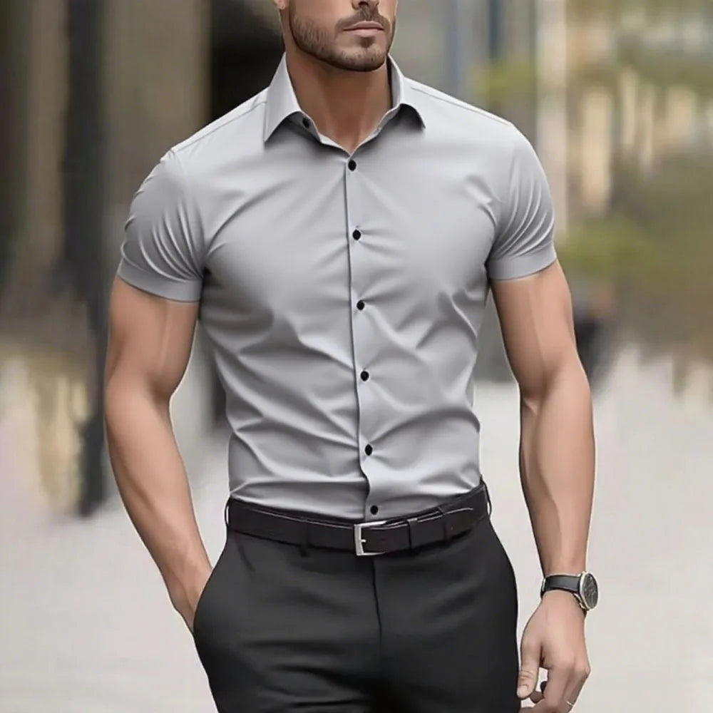 Men’s Solid-Color Casual Shirt – Short Sleeve Business & Smart Casual