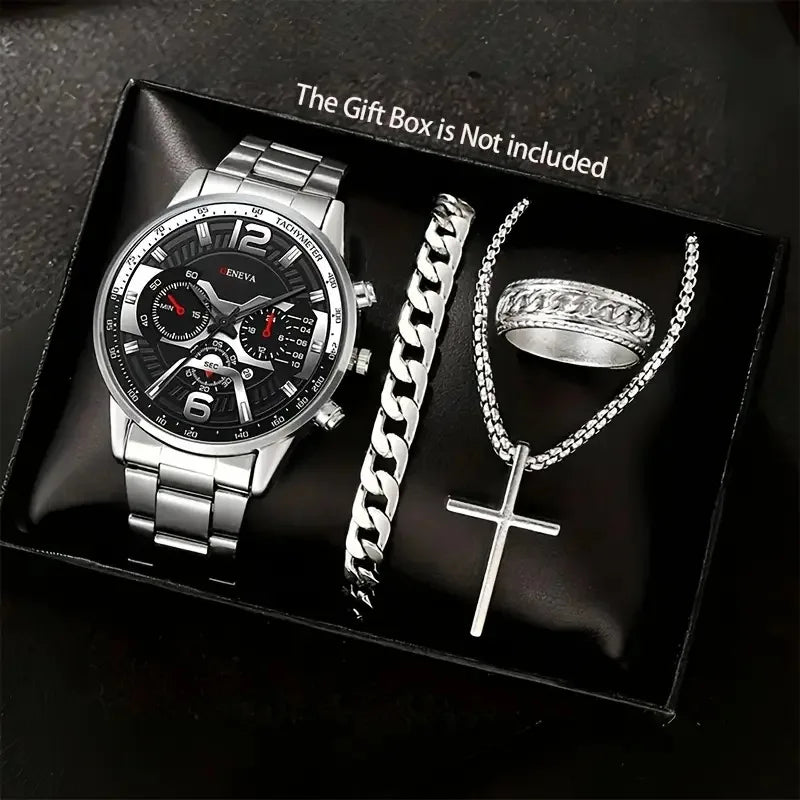 Luxury Men’s Gift Set – Gold Quartz Watch + Cross Necklace + Bracelet + Ring