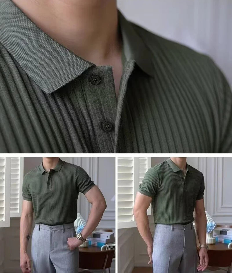Vertical Stripe Knit Polo Shirt – Breathable Summer Short Sleeve for Men