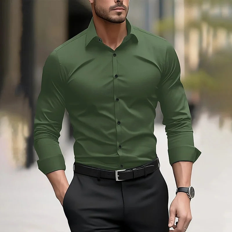 Chemise habillée à manches longues pour homme – Couleur unie, idéale pour mariage ou travail 