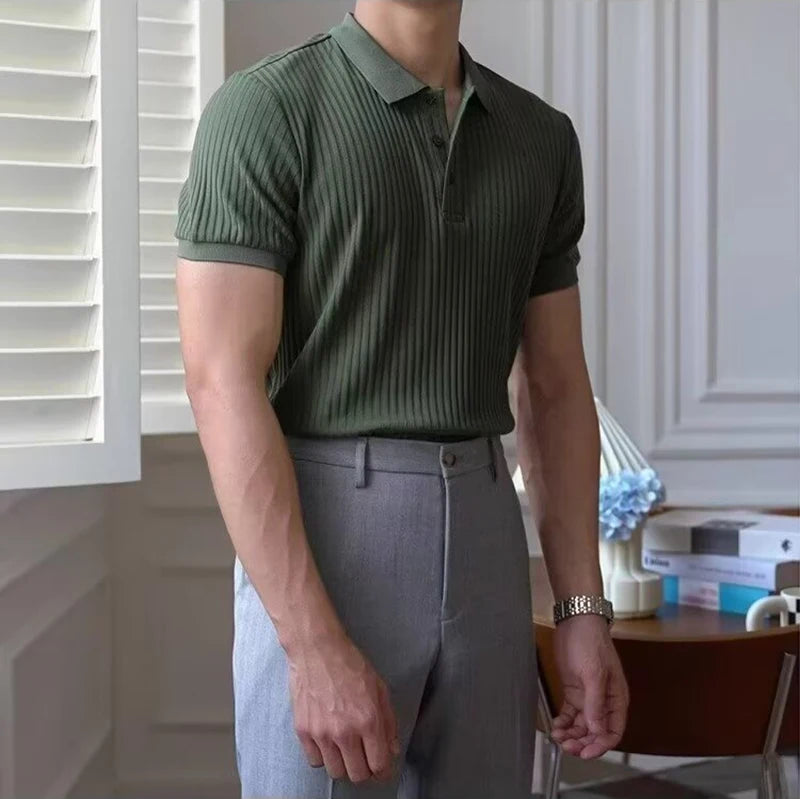 Vertical Stripe Knit Polo Shirt – Breathable Summer Short Sleeve for Men