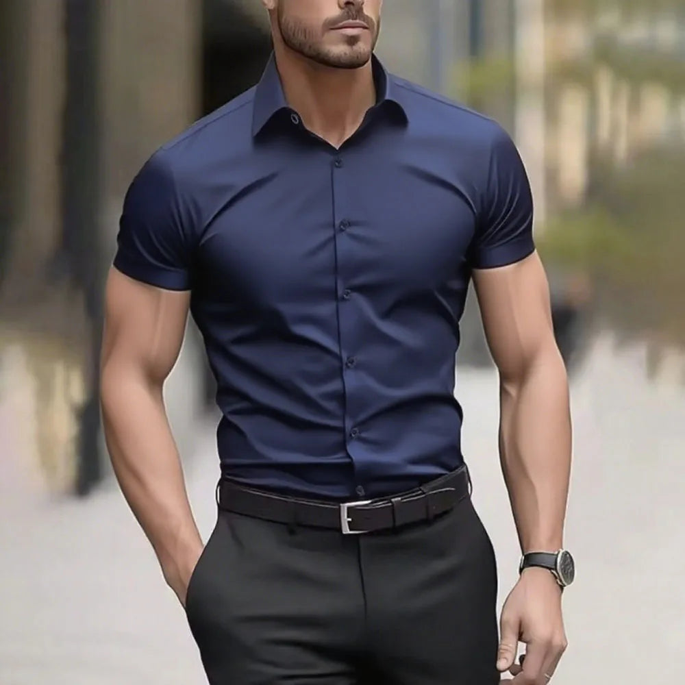 Men’s Solid-Color Casual Shirt – Short Sleeve Business & Smart Casual