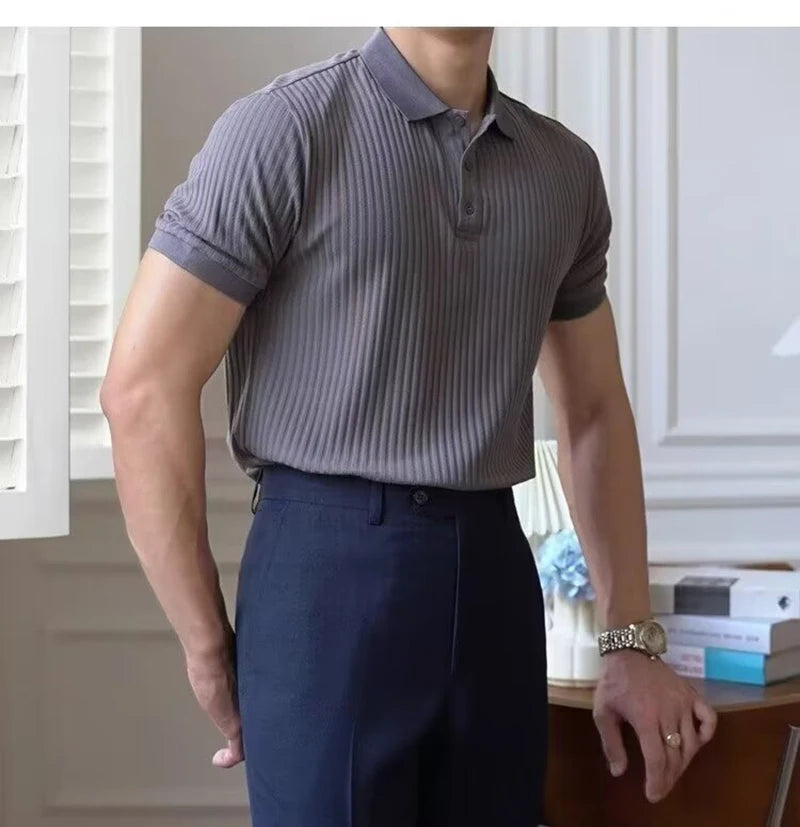 Vertical Stripe Knit Polo Shirt – Breathable Summer Short Sleeve for Men