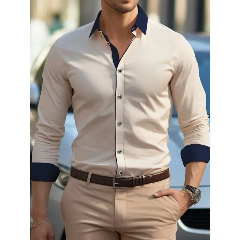 Men’s Patchwork Business Shirt – Smart Casual Long Sleeve